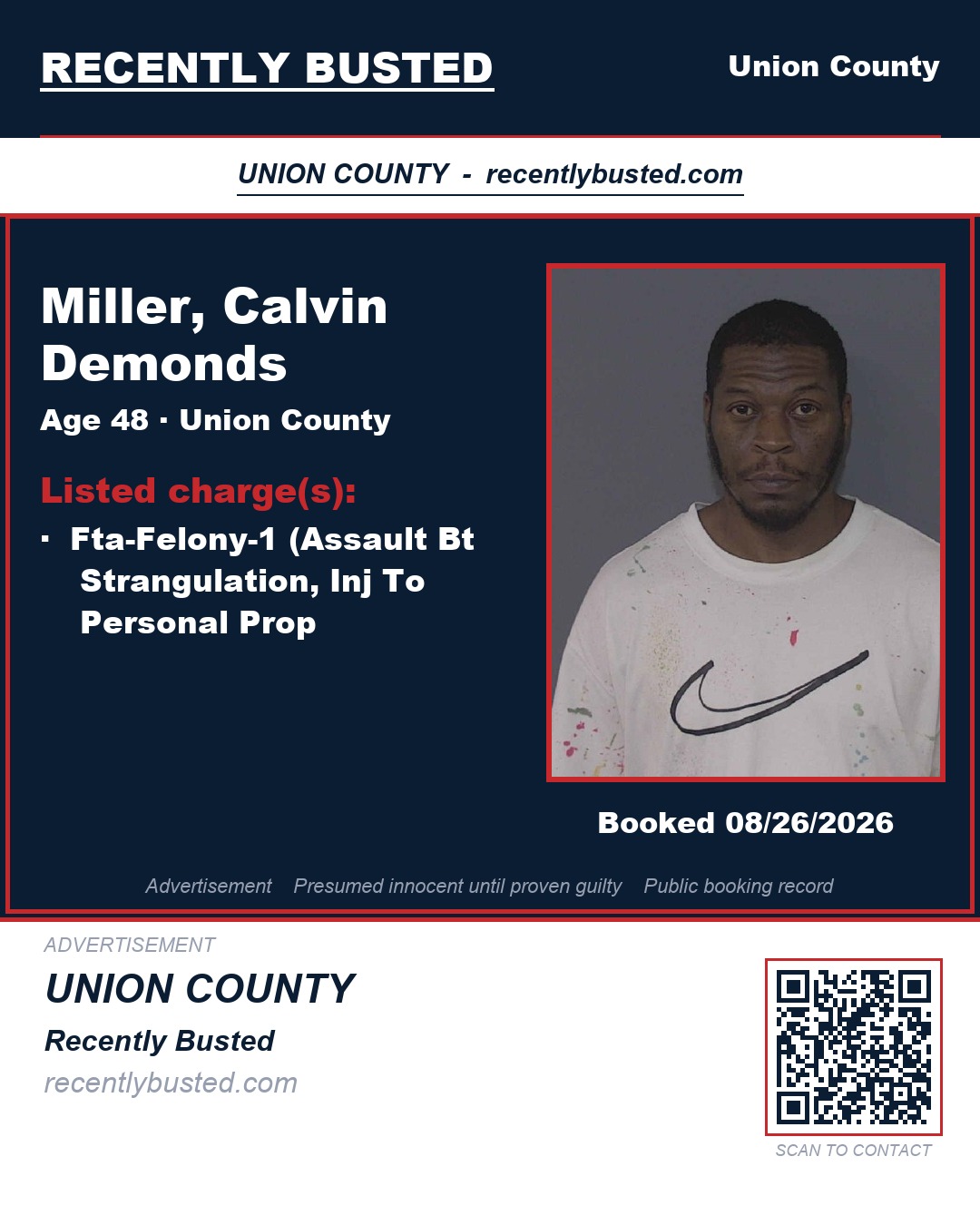 MILLER, CALVIN DEMONDS — arrest record card, Union County, North Carolina