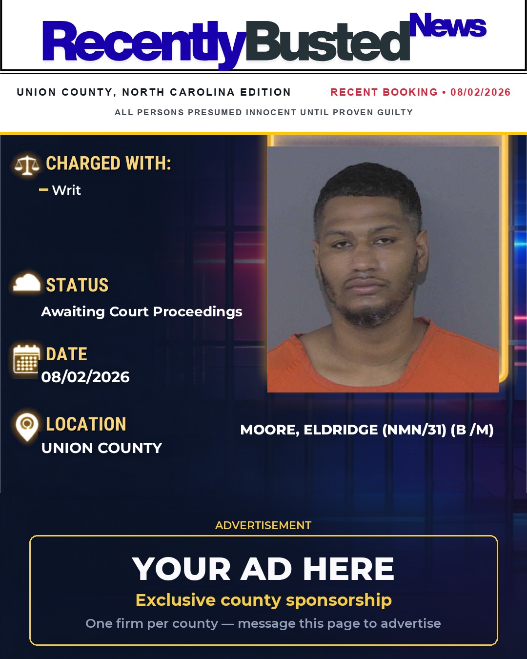 Arrest report - MOORE, ELDRIDGE (NMN/31) (B /M)