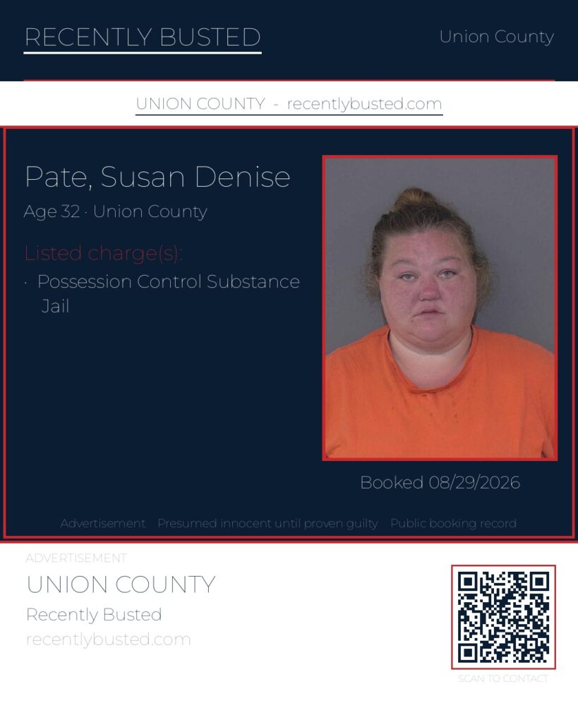 PATE, SUSAN DENISE — arrest record card, Union County, North Carolina