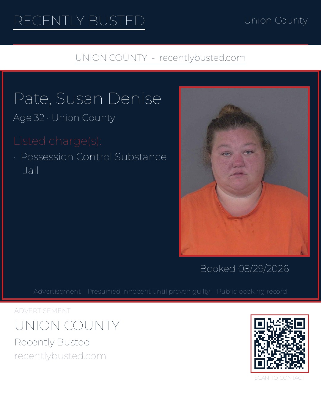 PATE, SUSAN DENISE — arrest record card, Union County, North Carolina