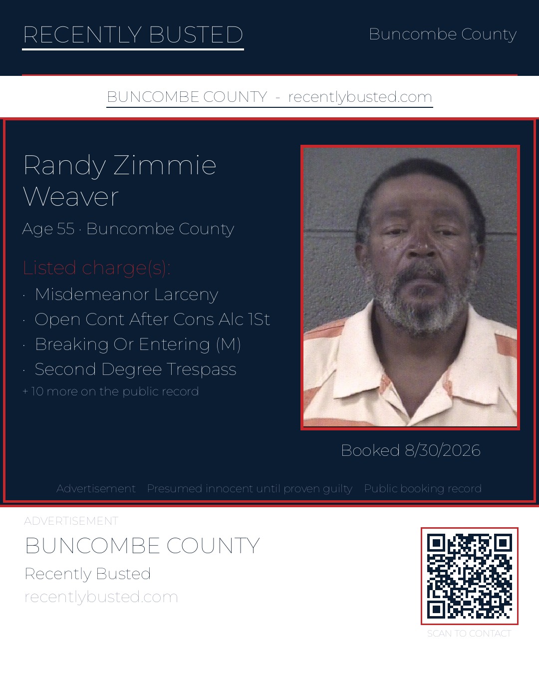 RANDY ZIMMIE WEAVER — arrest record card, Buncombe County, North Carolina