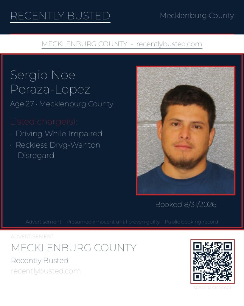 SERGIO NOE PERAZA-LOPEZ — arrest record card, Mecklenburg County, North Carolina