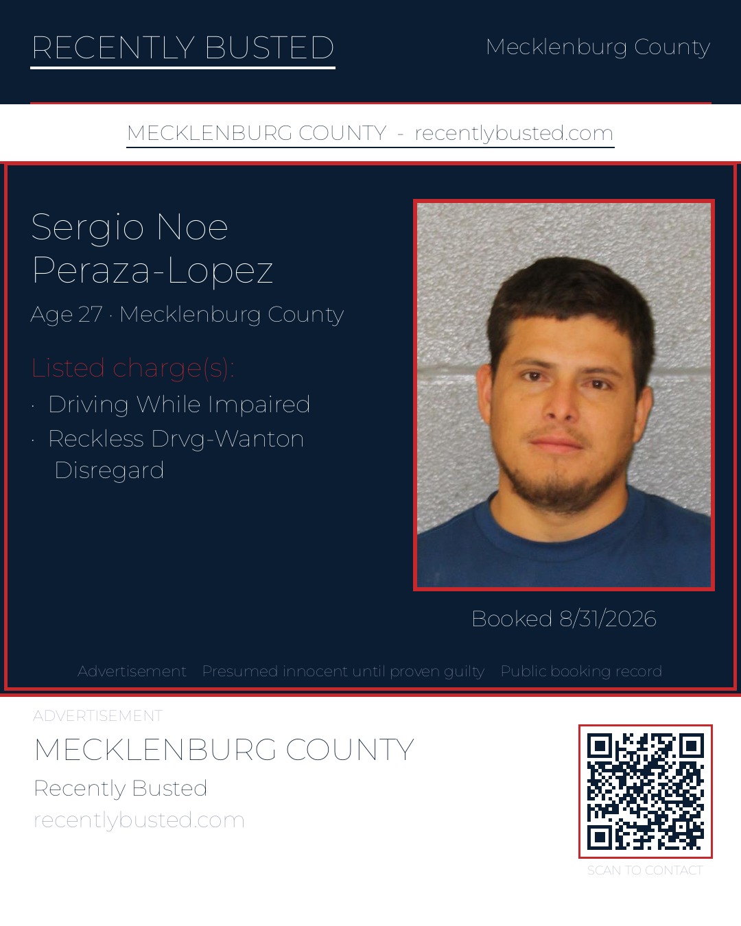 SERGIO NOE PERAZA-LOPEZ — arrest record card, Mecklenburg County, North Carolina