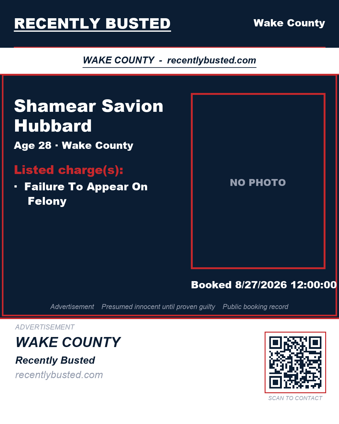 SHAMEAR SAVION HUBBARD — arrest record card, Wake County, North Carolina