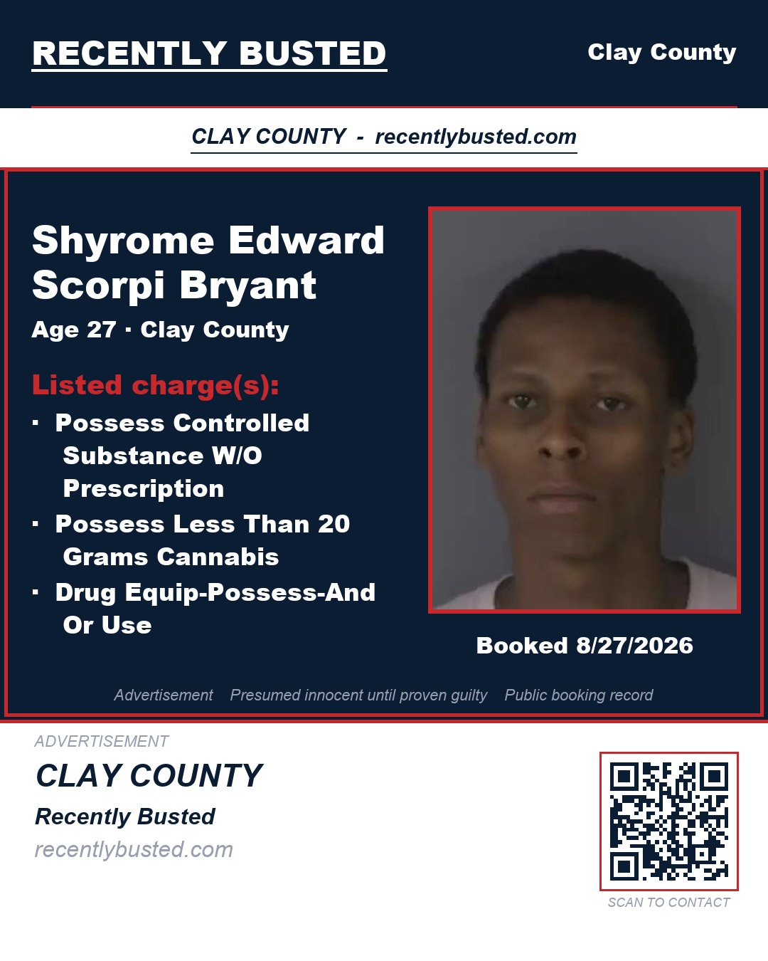 SHYROME EDWARD SCORPI BRYANT — arrest record card, Clay County, Florida