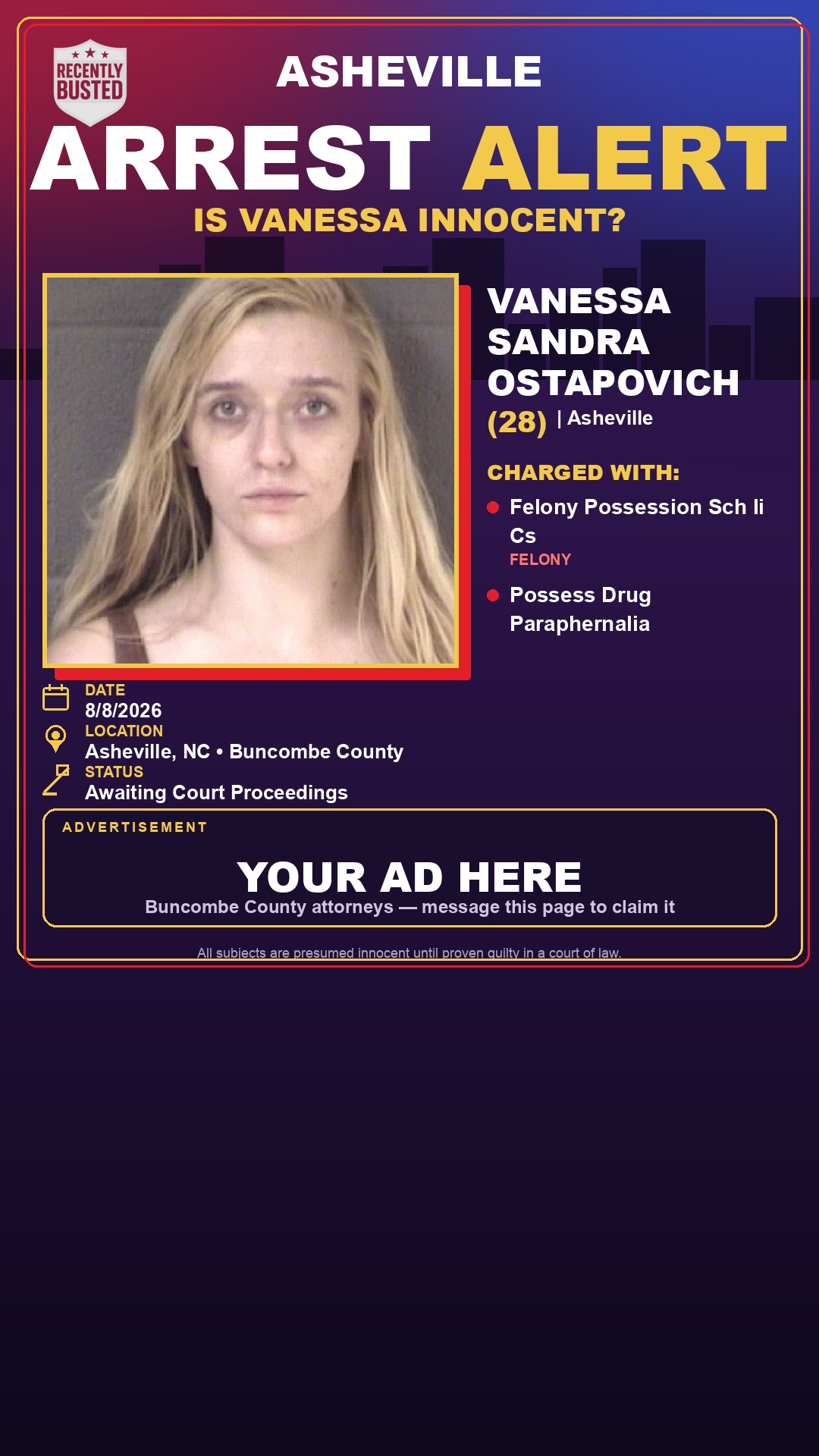 Arrest report - VANESSA SANDRA OSTAPOVICH