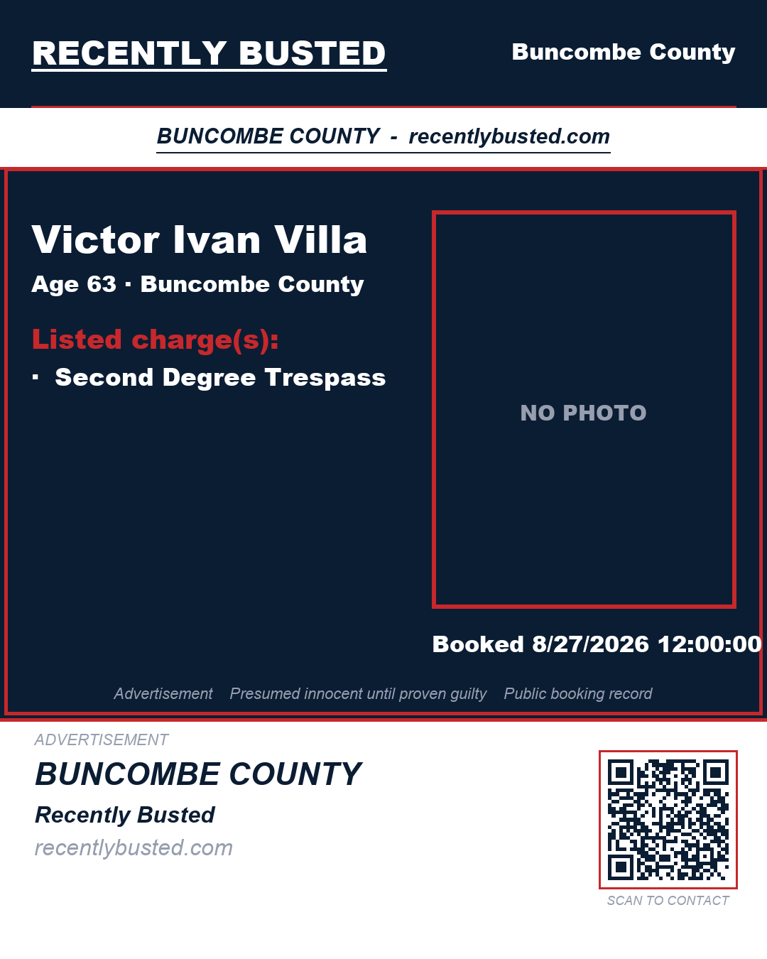 VICTOR IVAN VILLA — arrest record card, Buncombe County, North Carolina