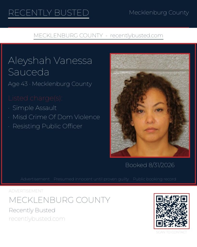 ALEYSHAH VANESSA SAUCEDA — arrest record card, Mecklenburg County, North Carolina
