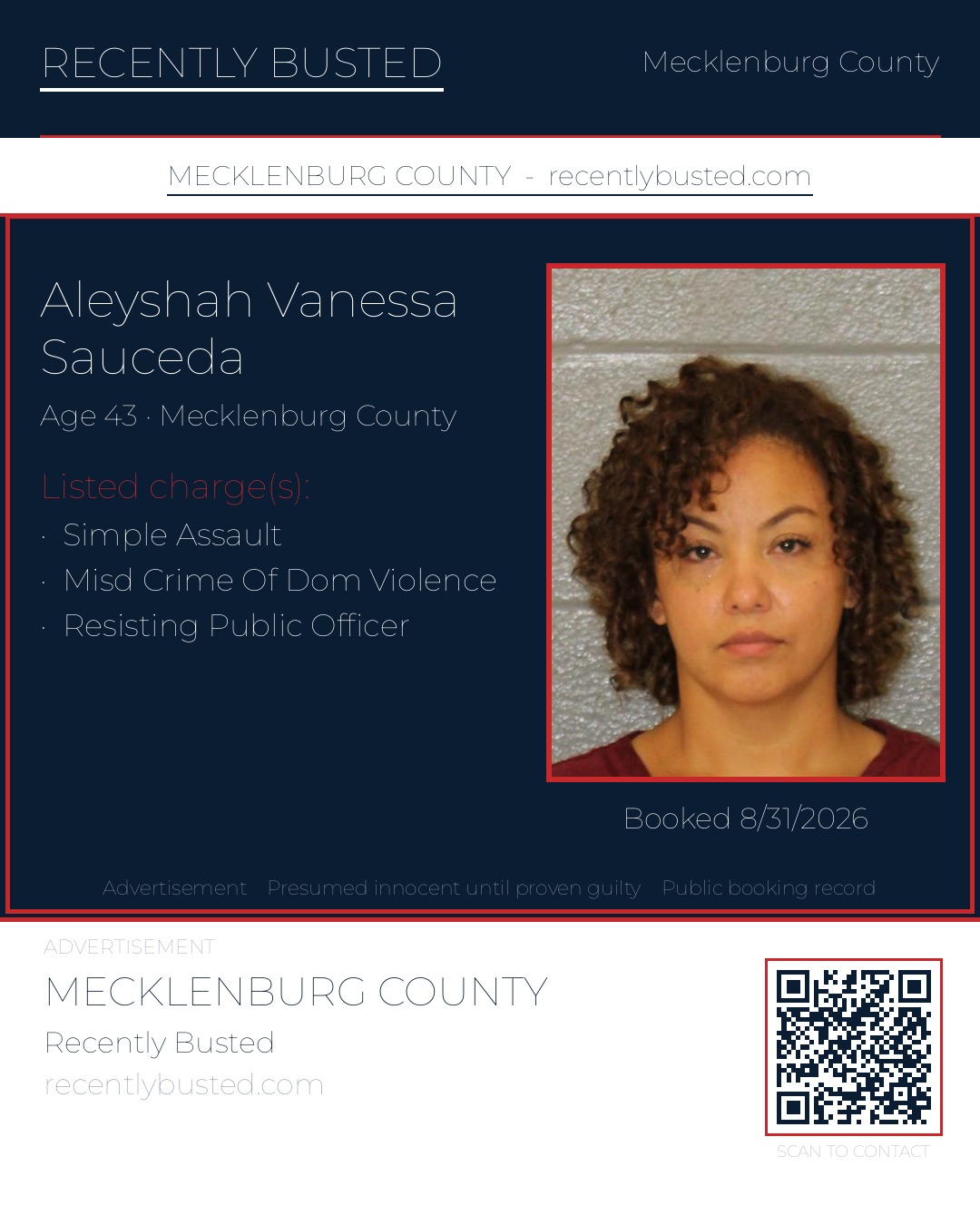 ALEYSHAH VANESSA SAUCEDA — arrest record card, Mecklenburg County, North Carolina