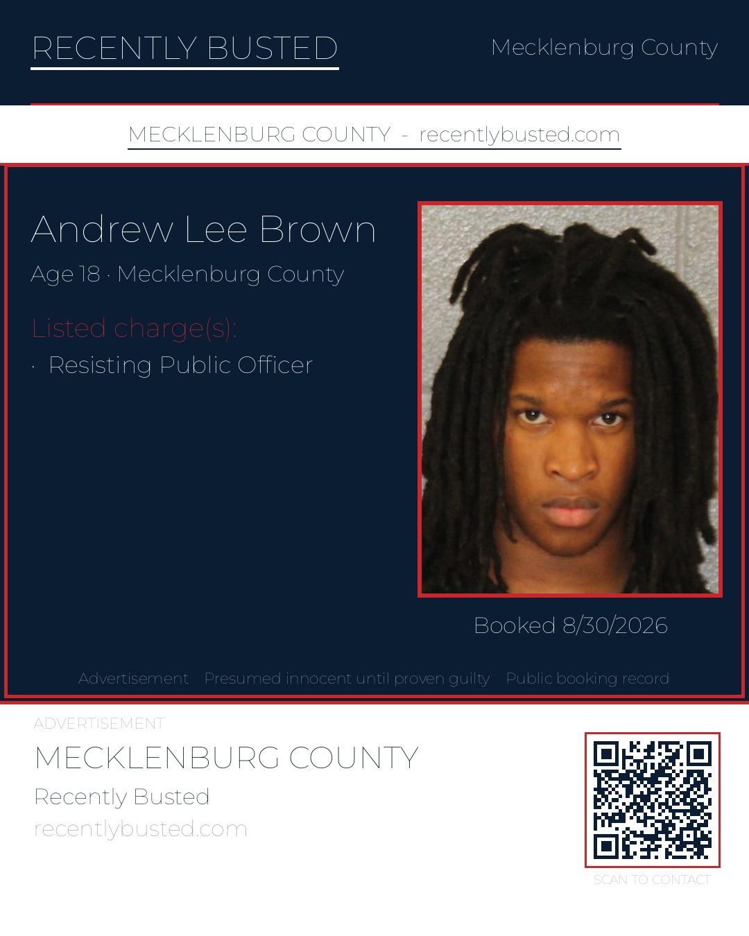 ANDREW LEE BROWN — arrest record card, Mecklenburg County, North Carolina