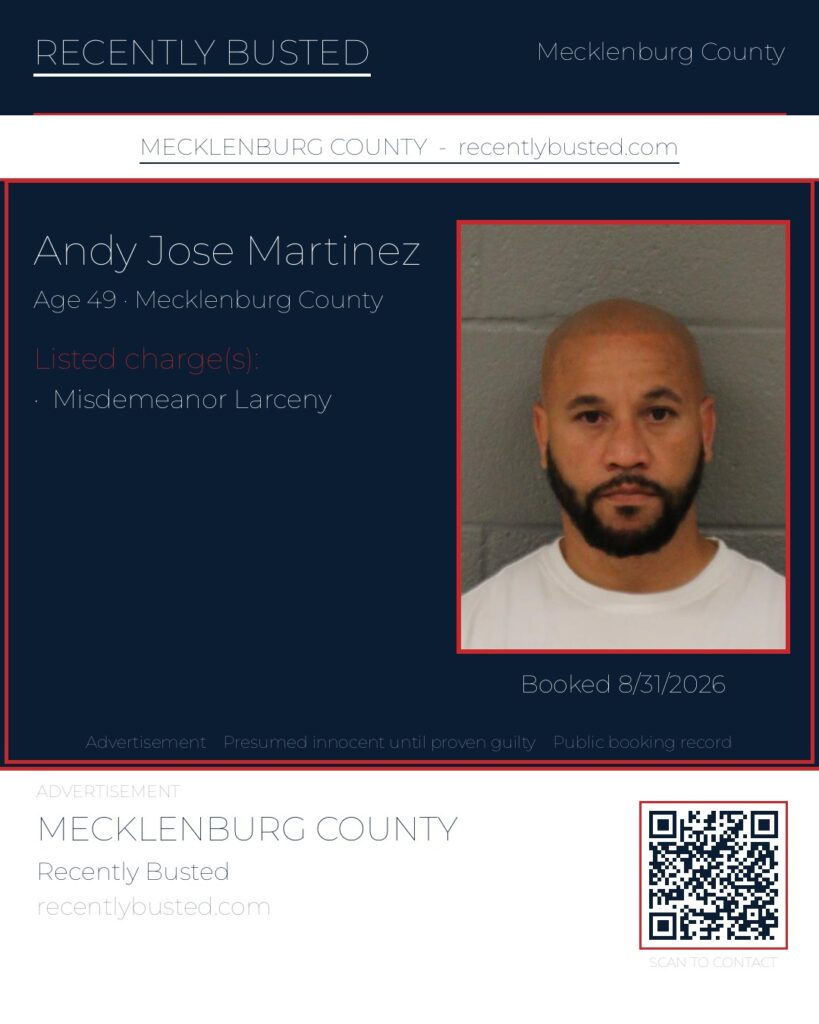 ANDY JOSE MARTINEZ — arrest record card, Mecklenburg County, North Carolina