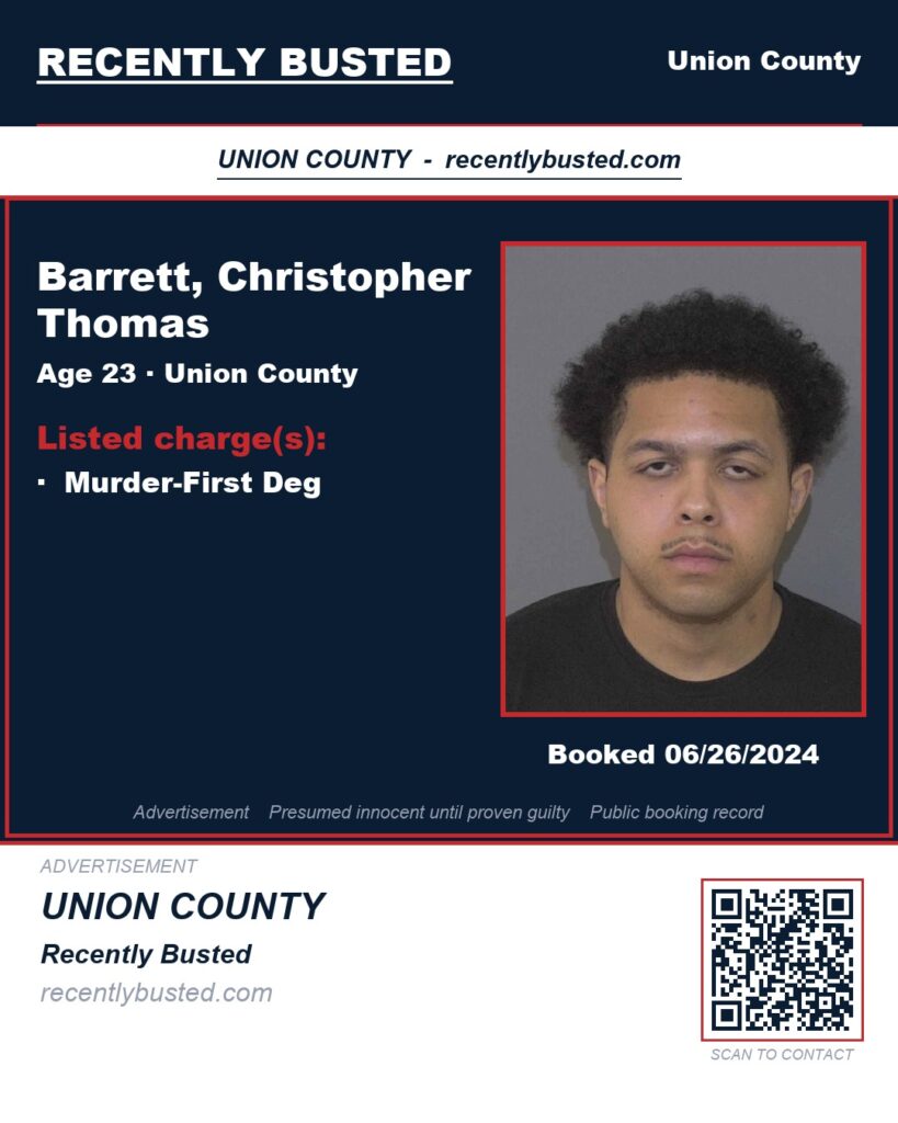BARRETT, CHRISTOPHER THOMAS — arrest record card, Union County, North Carolina