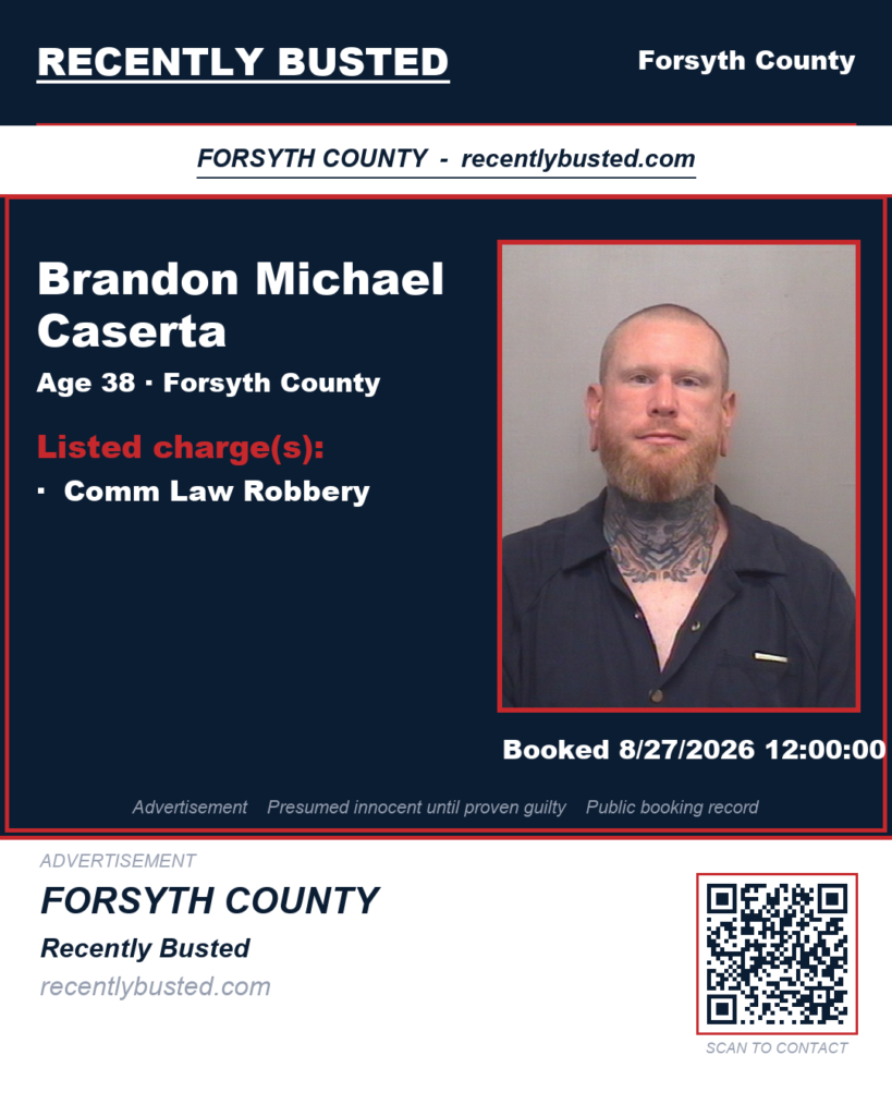 BRANDON MICHAEL CASERTA — arrest record card, Forsyth County, North Carolina