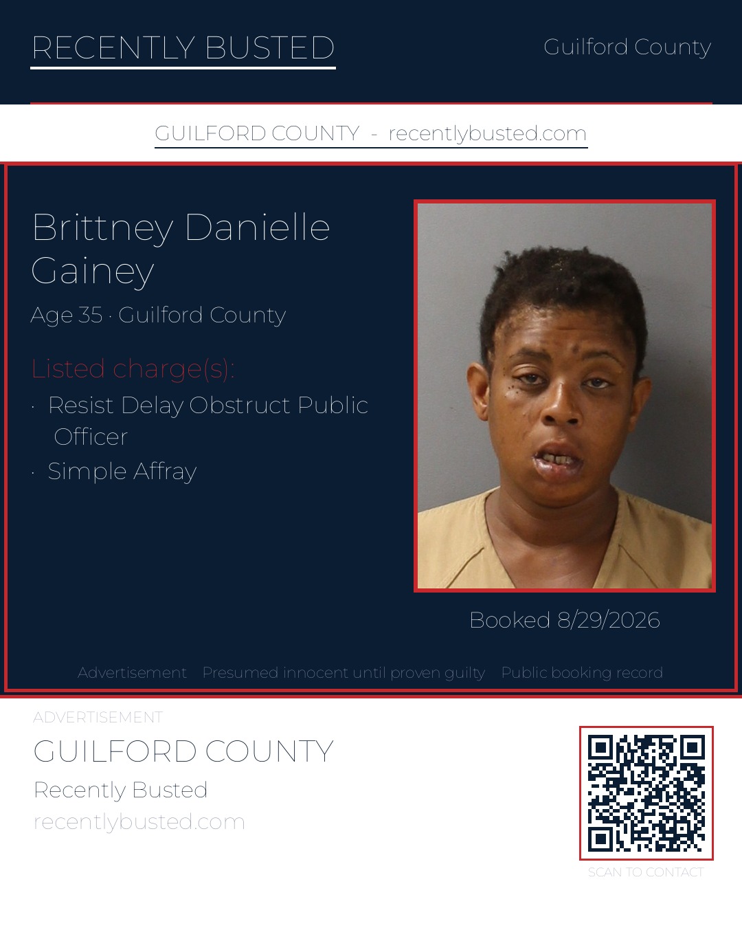 BRITTNEY DANIELLE GAINEY — arrest record card, Guilford County, North Carolina