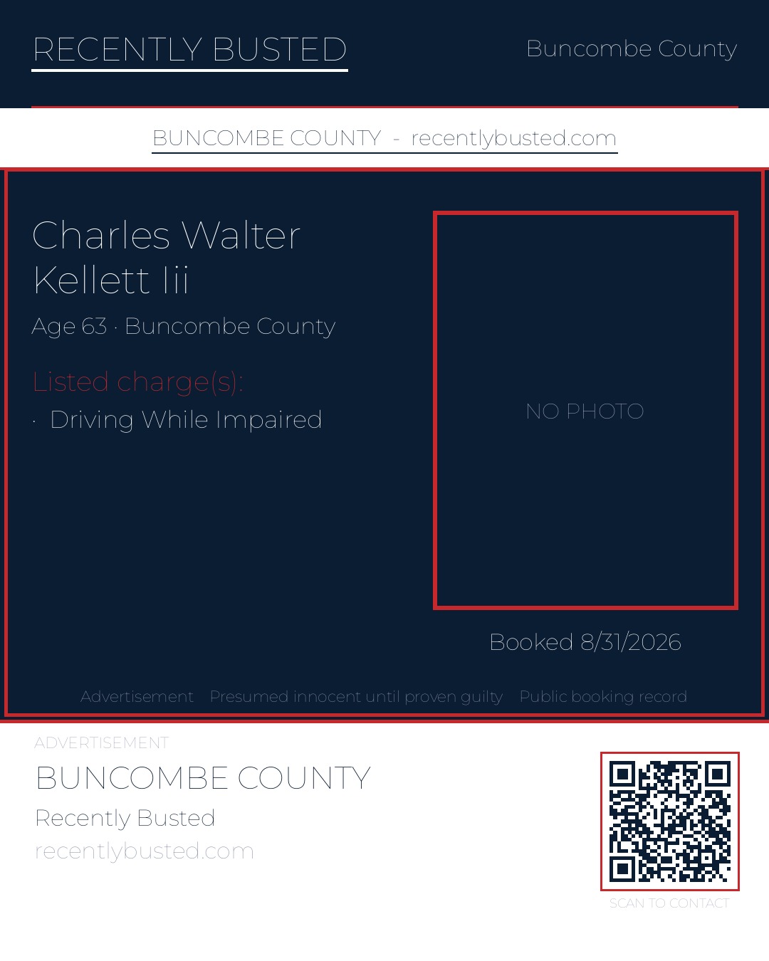 CHARLES WALTER KELLETT III — arrest record card, Buncombe County, North Carolina