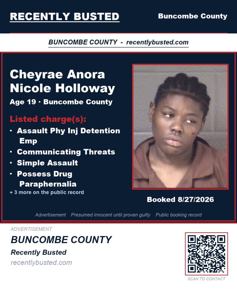 CHEYRAE ANORA NICOLE HOLLOWAY — arrest record card, Buncombe County, North Carolina