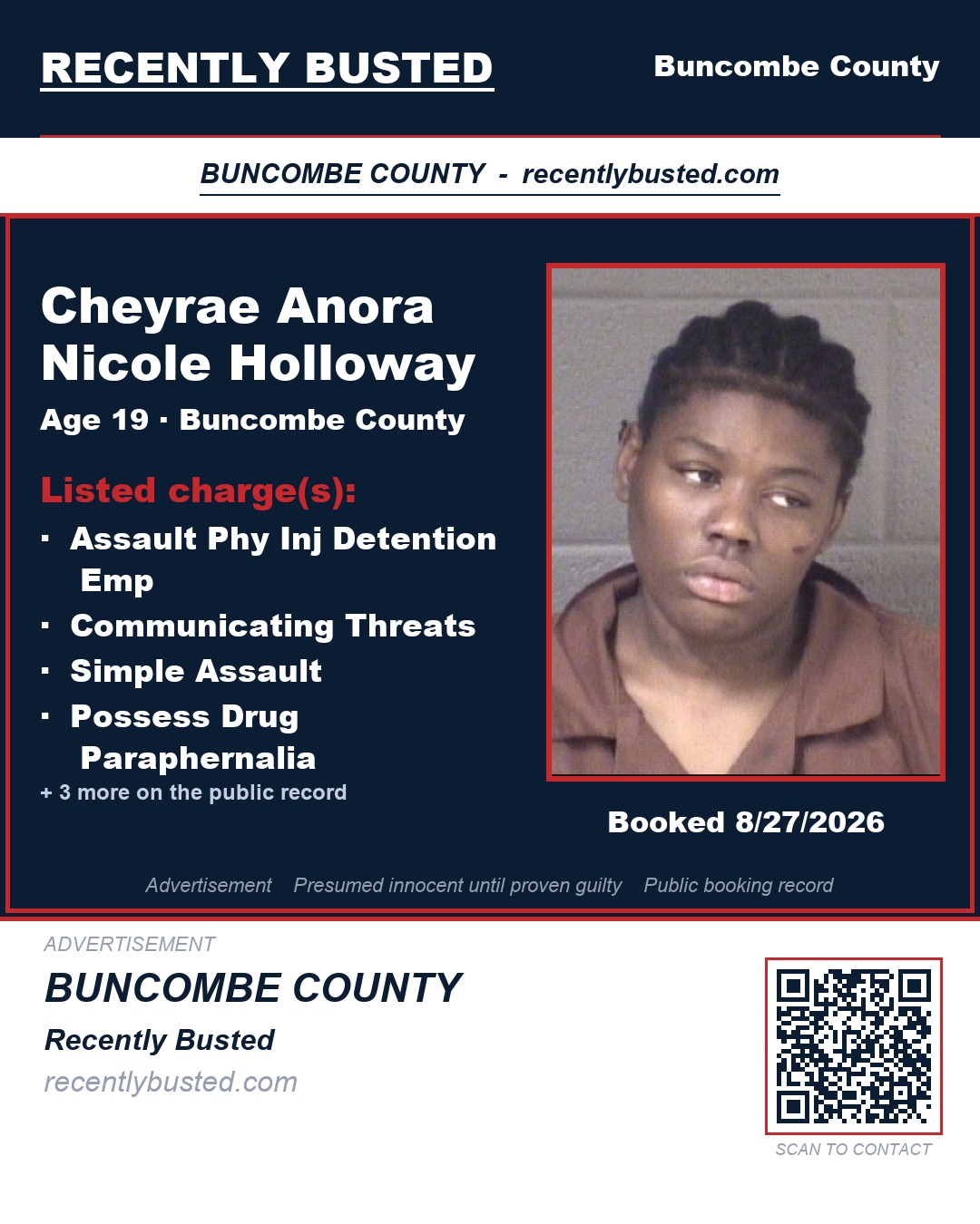 CHEYRAE ANORA NICOLE HOLLOWAY — arrest record card, Buncombe County, North Carolina