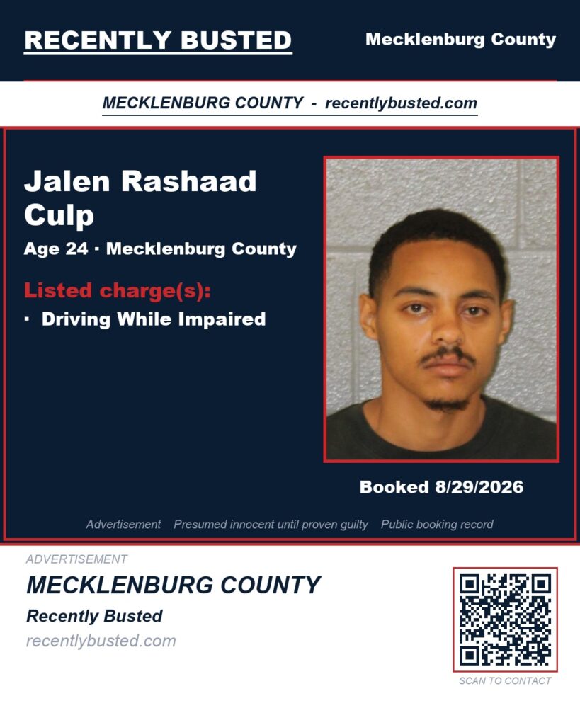 JALEN RASHAAD CULP — arrest record card, Mecklenburg County, North Carolina