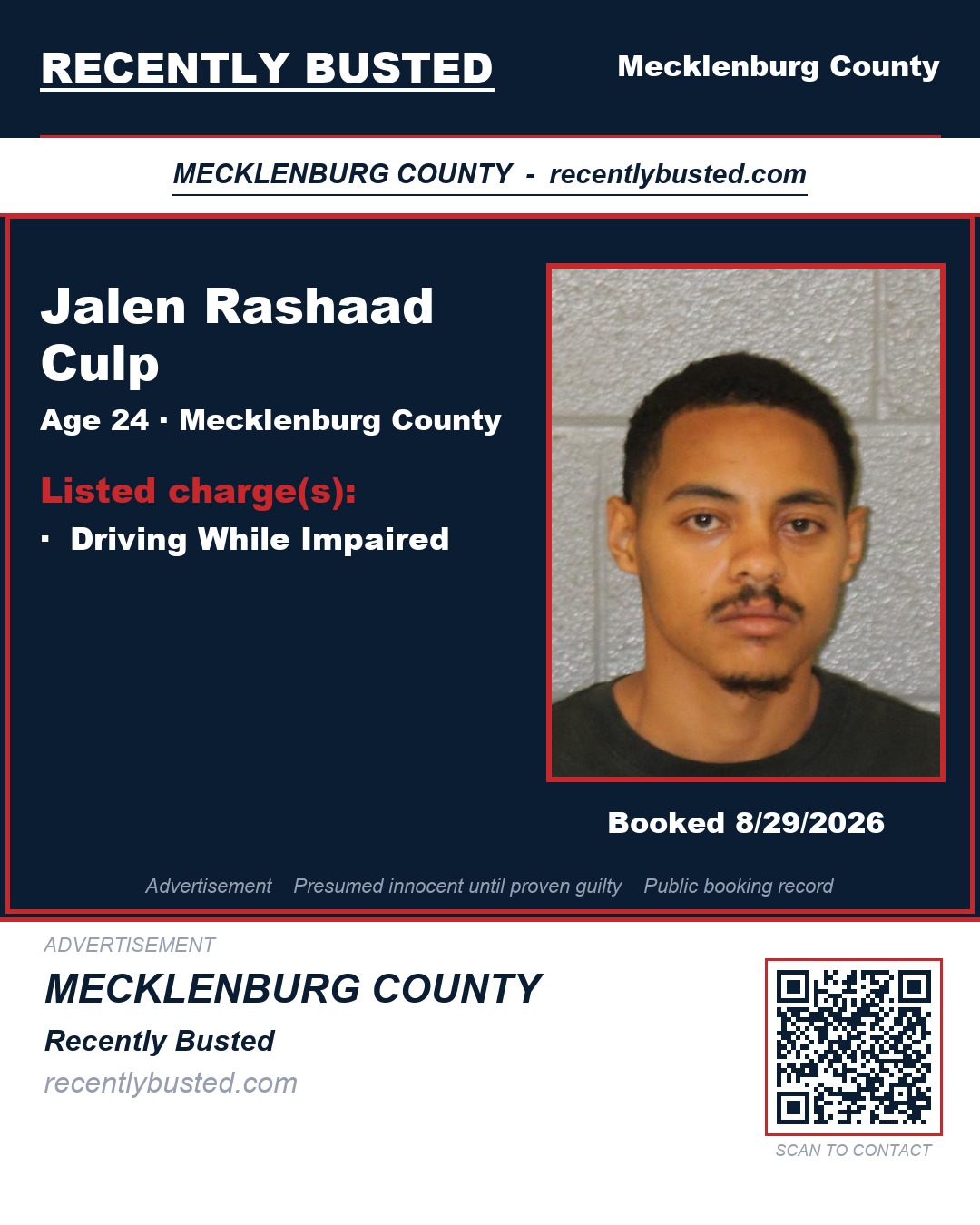 JALEN RASHAAD CULP — arrest record card, Mecklenburg County, North Carolina