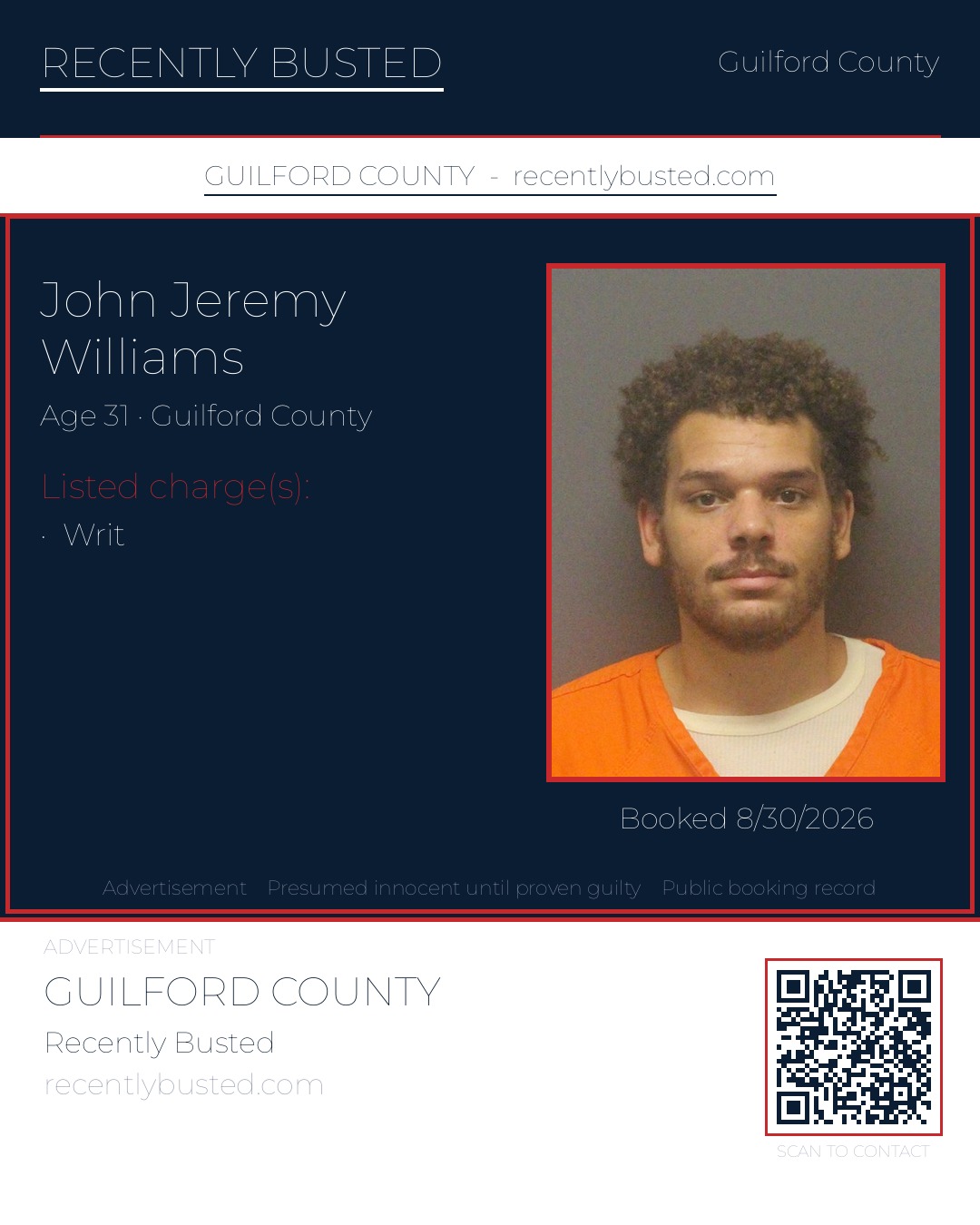 JOHN JEREMY WILLIAMS — arrest record card, Guilford County, North Carolina