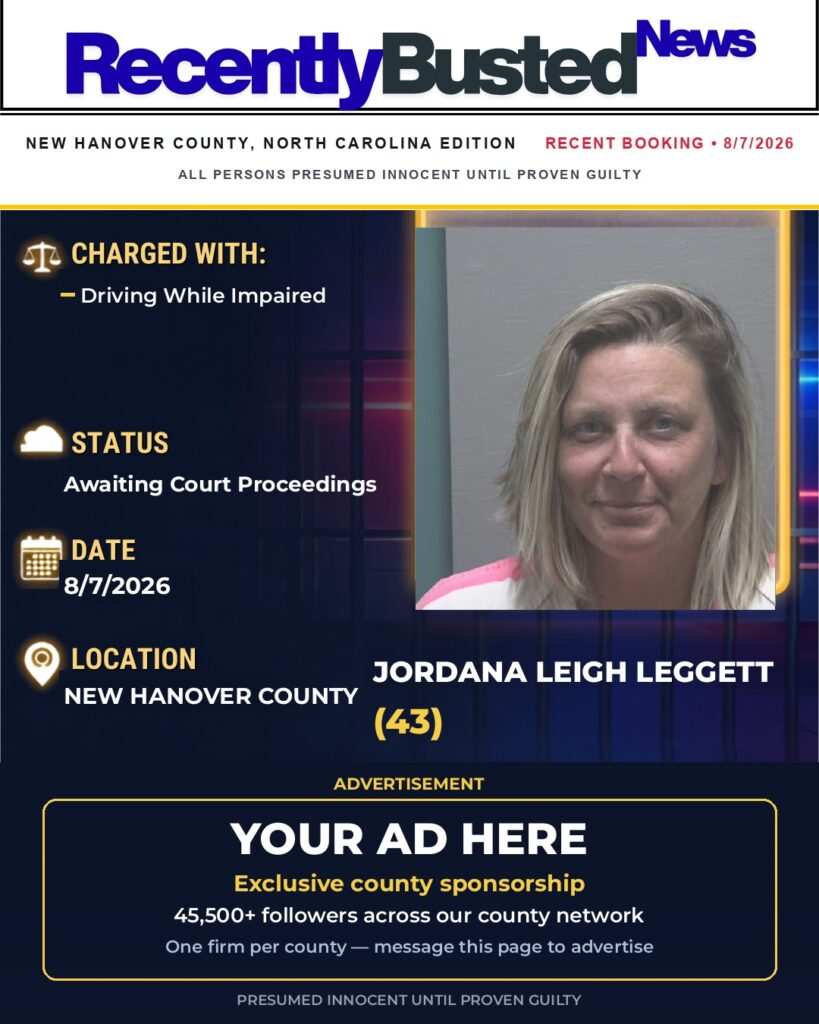 JORDANA LEIGH LEGGETT — arrest record card, New Hanover County
