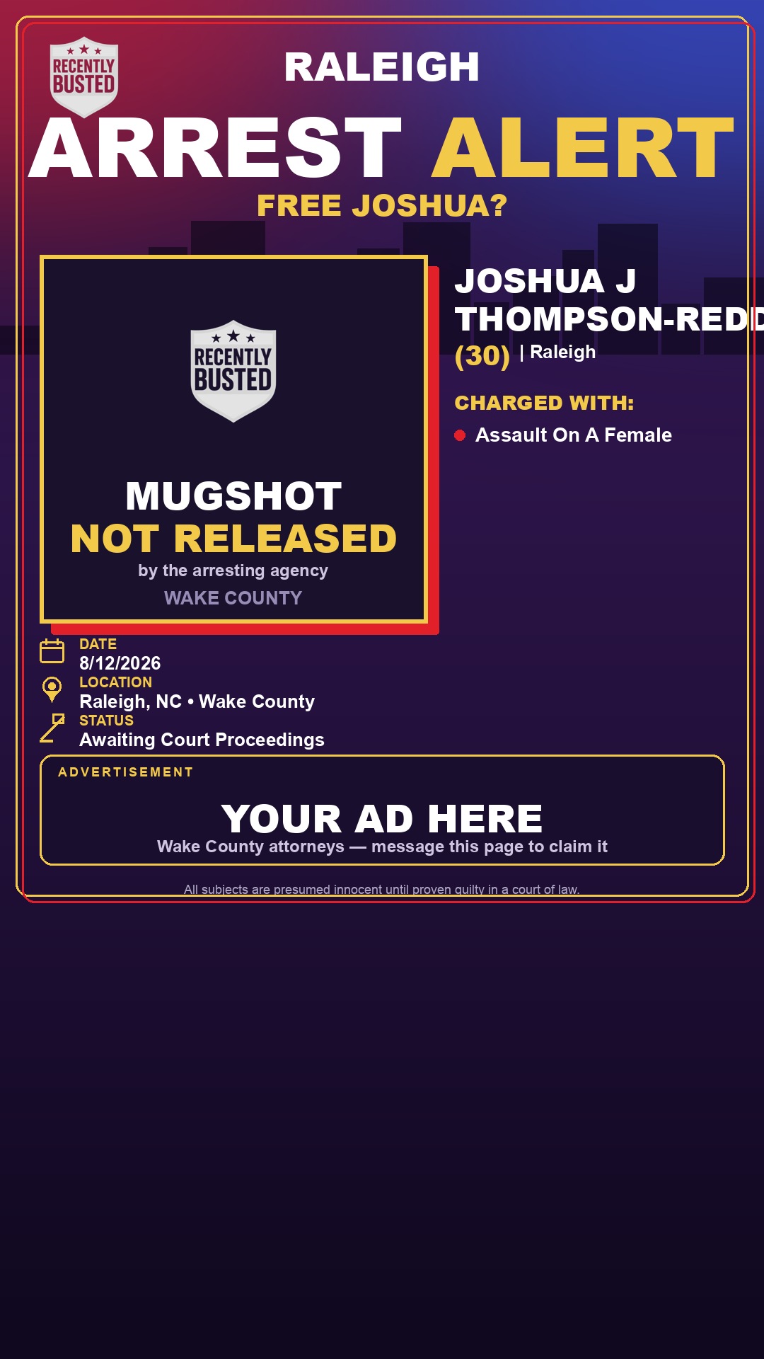 Arrest report - JOSHUA J THOMPSON-REDDICK