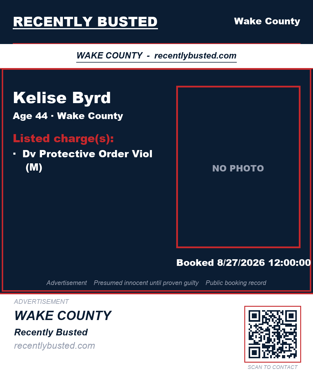 KELISE BYRD — arrest record card, Wake County, North Carolina