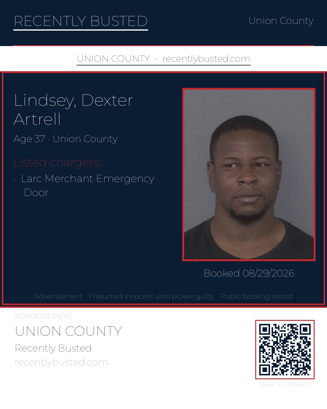 LINDSEY, DEXTER ARTRELL — arrest record card, Union County, North Carolina