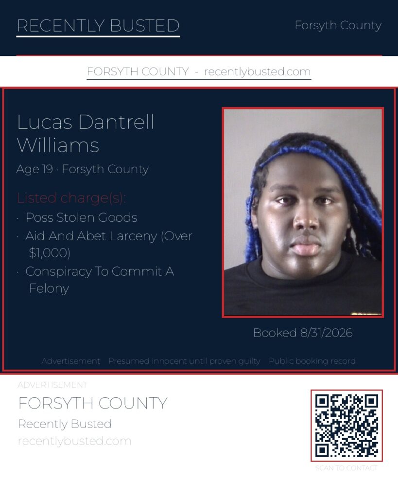 LUCAS DANTRELL WILLIAMS — arrest record card, Forsyth County, North Carolina