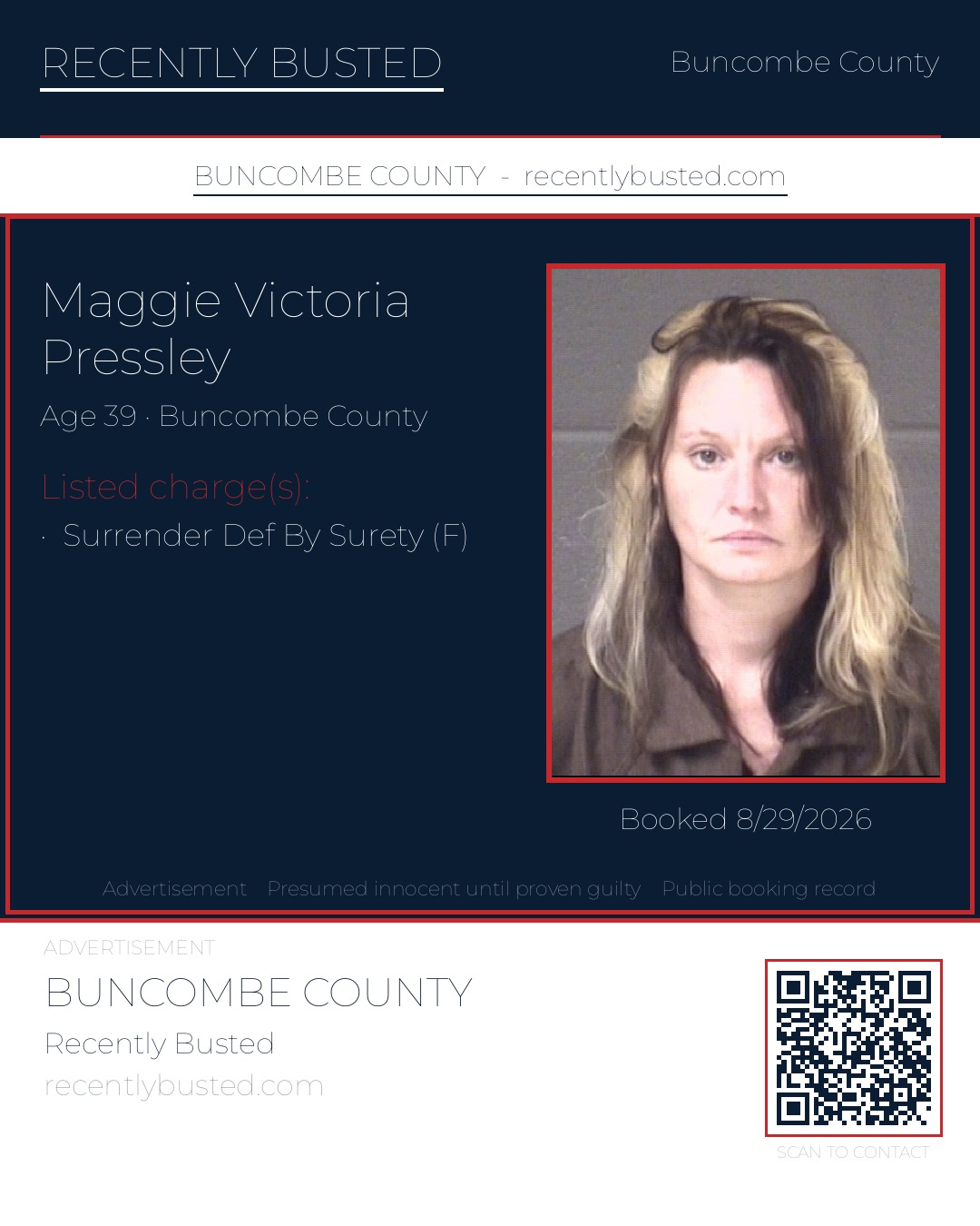 MAGGIE VICTORIA PRESSLEY — arrest record card, Buncombe County, North Carolina