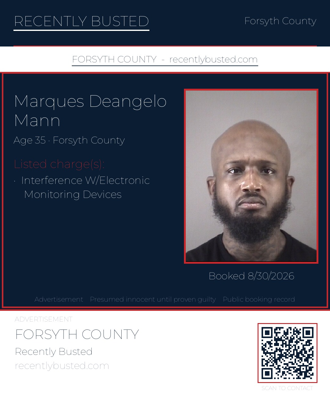 MARQUES DEANGELO MANN — arrest record card, Forsyth County, North Carolina