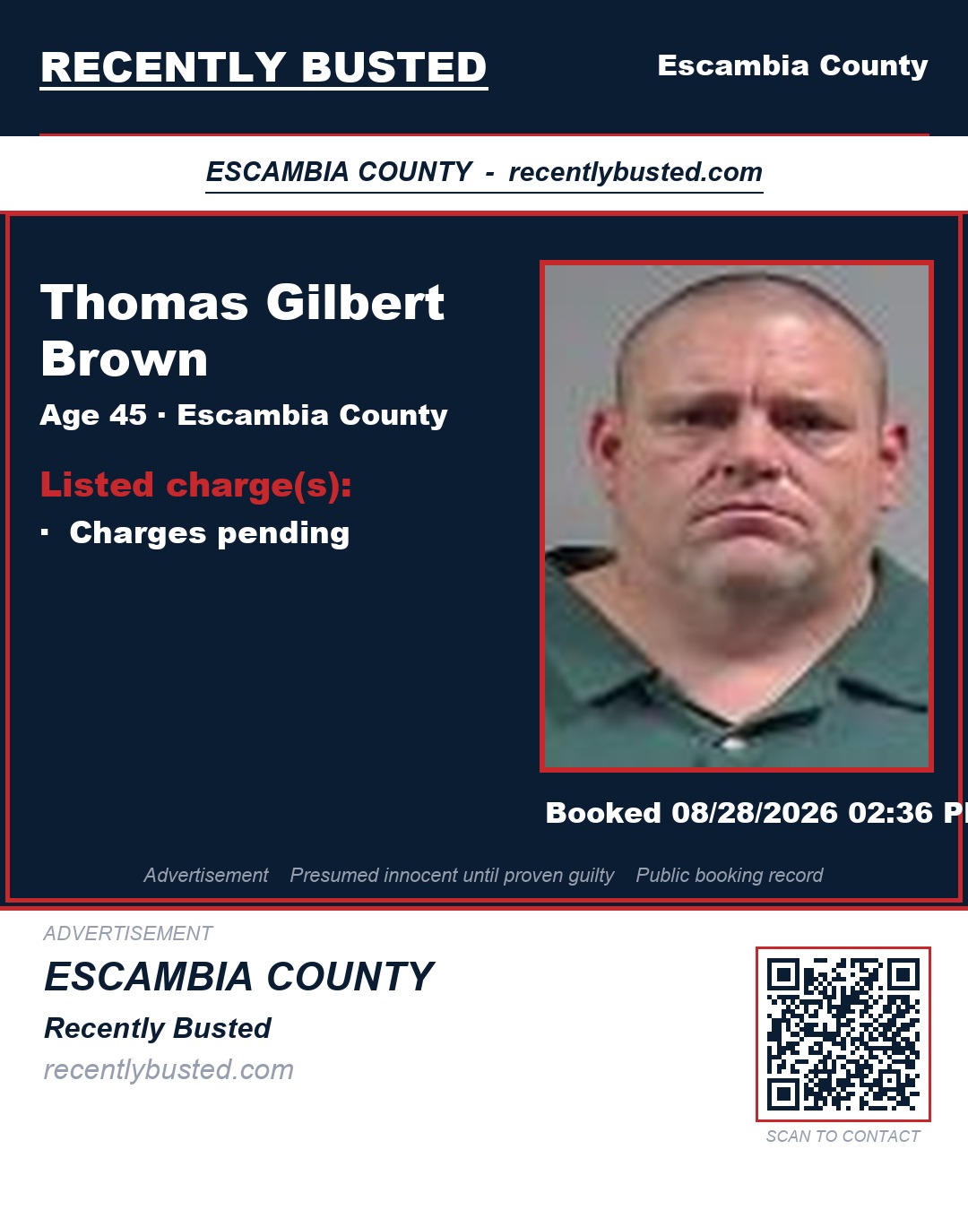 Thomas Gilbert Brown — arrest record card, Escambia County, Florida