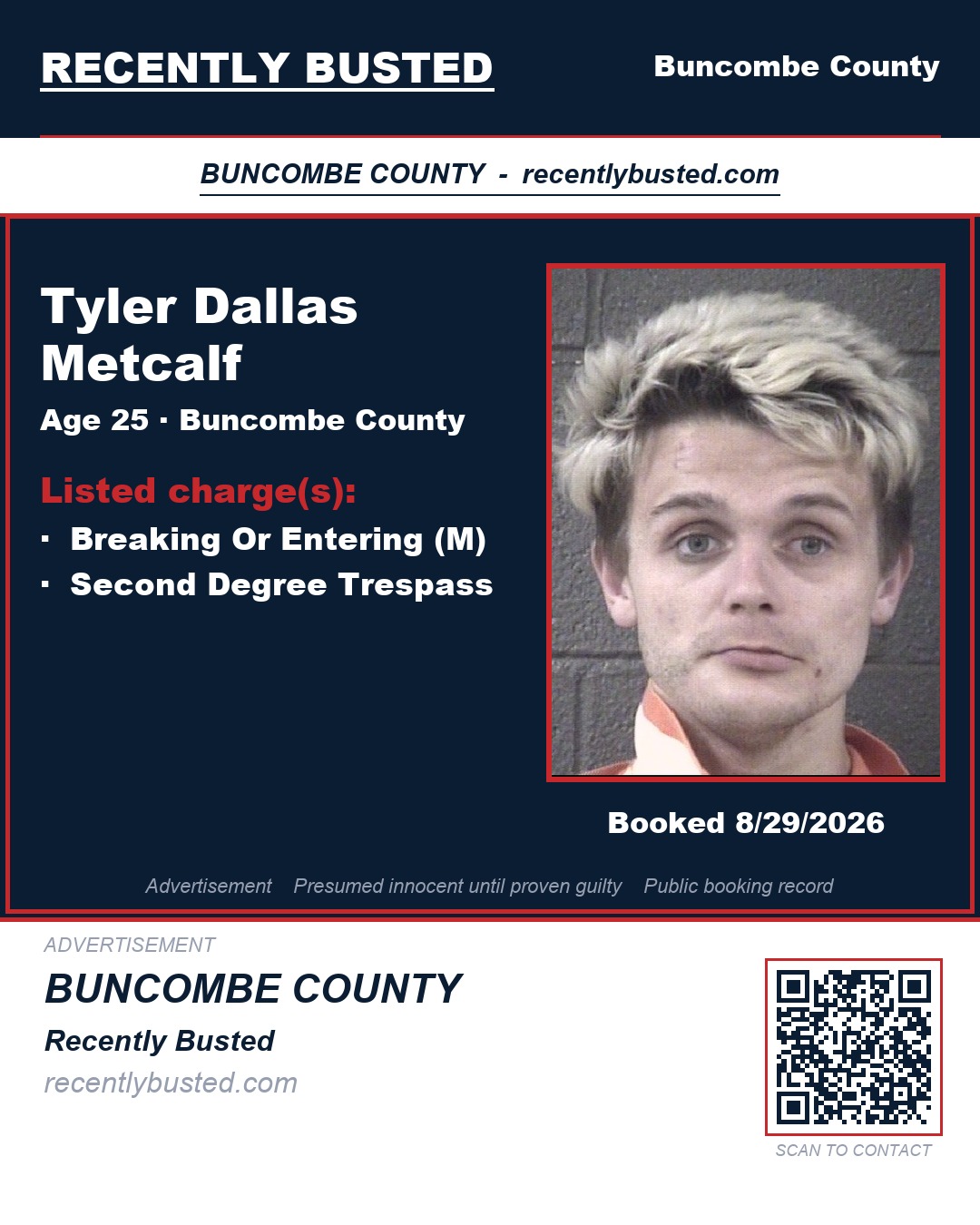 TYLER DALLAS METCALF — arrest record card, Buncombe County, North Carolina