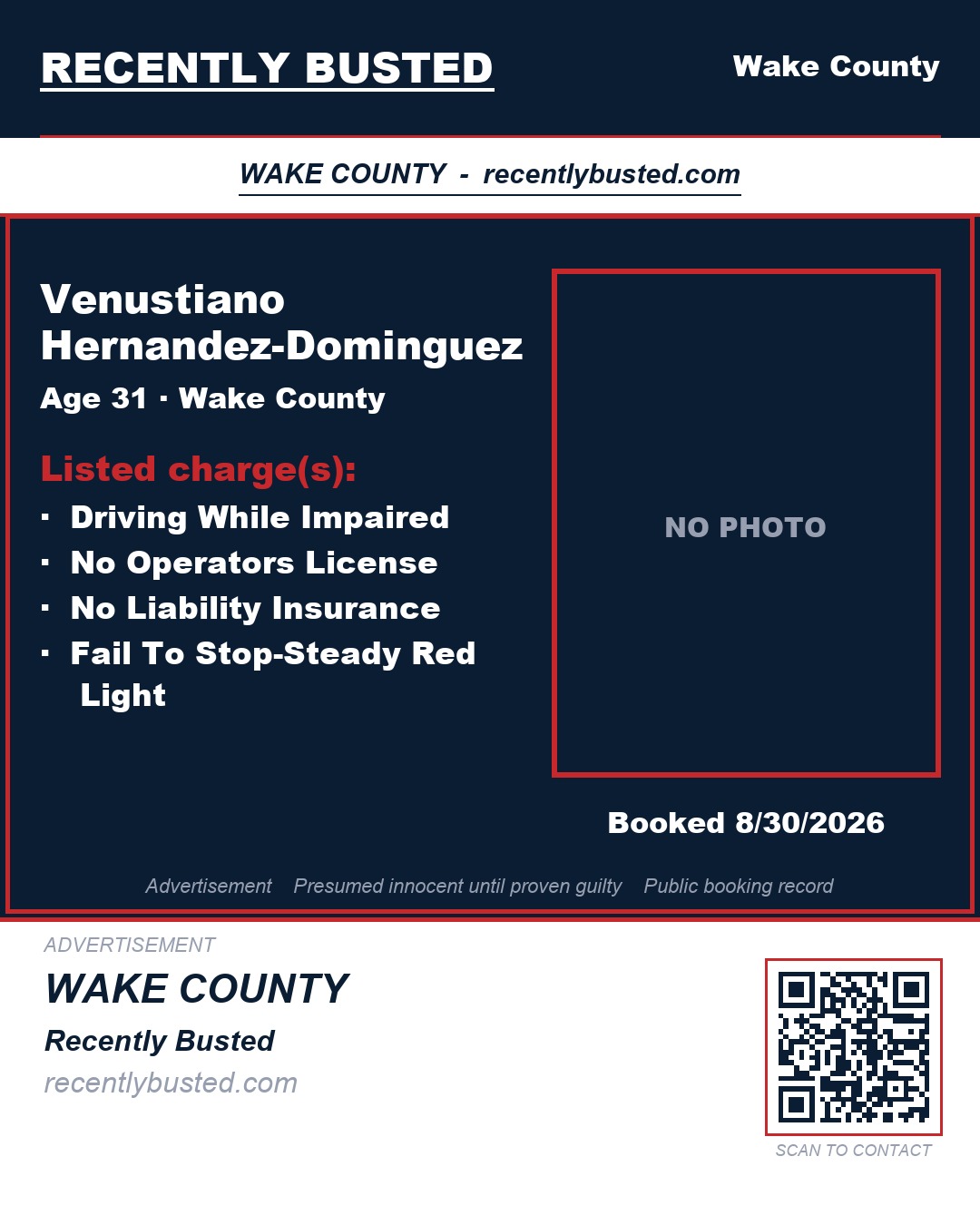 VENUSTIANO HERNANDEZ-DOMINGUEZ — arrest record card, Wake County, North Carolina