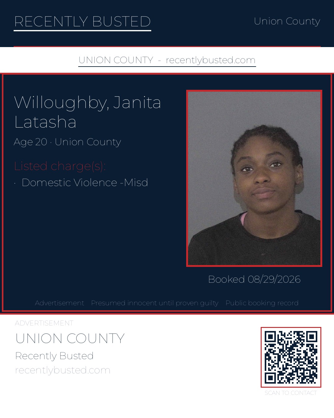 WILLOUGHBY, JANITA LATASHA — arrest record card, Union County, North Carolina
