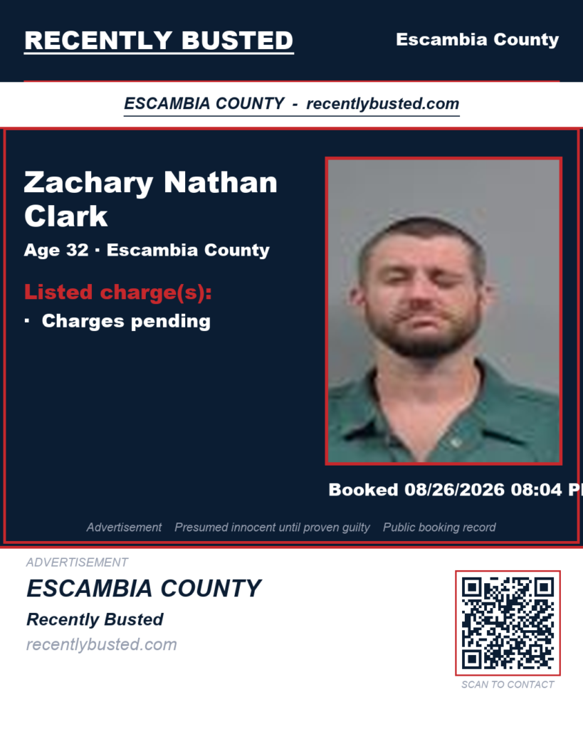 Zachary Nathan Clark — arrest record card, Escambia County, Florida