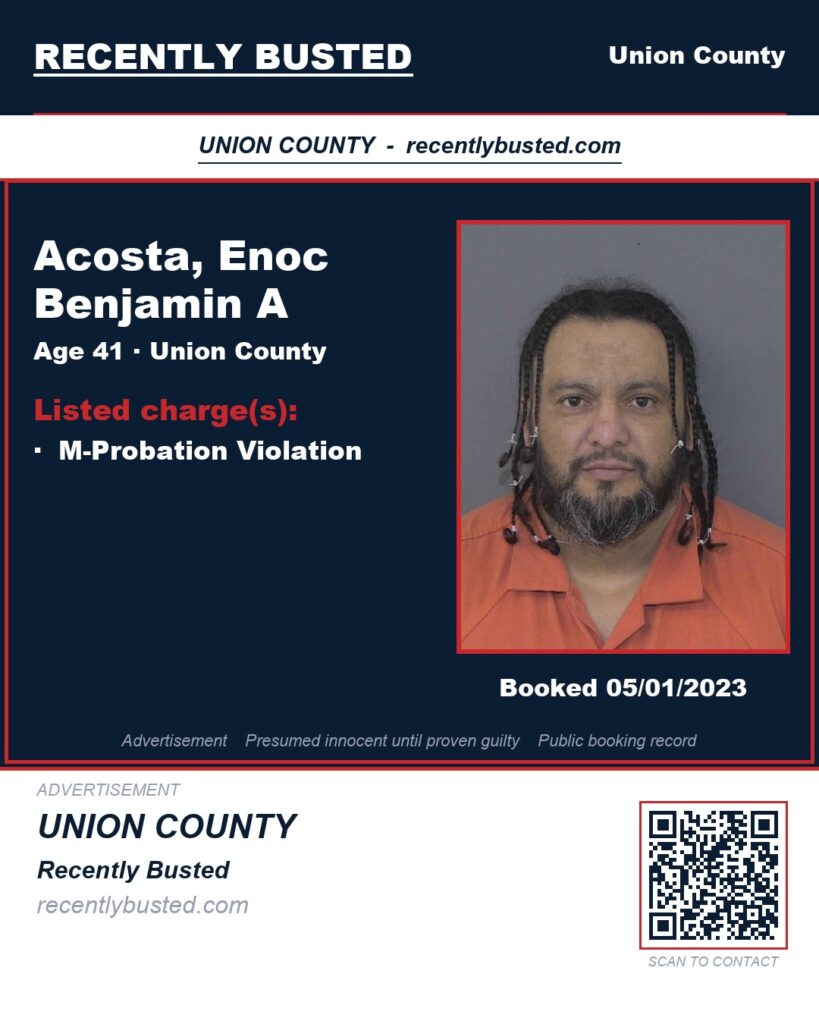 ACOSTA, ENOC BENJAMIN A — arrest record card, Union County, North Carolina