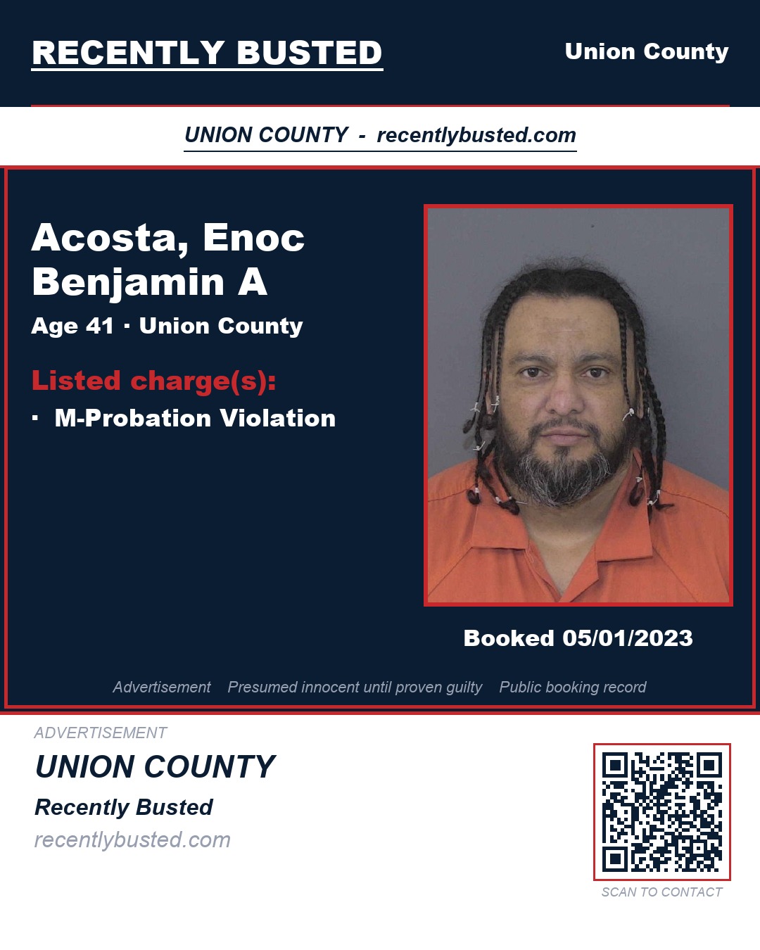 ACOSTA, ENOC BENJAMIN A — arrest record card, Union County, North Carolina