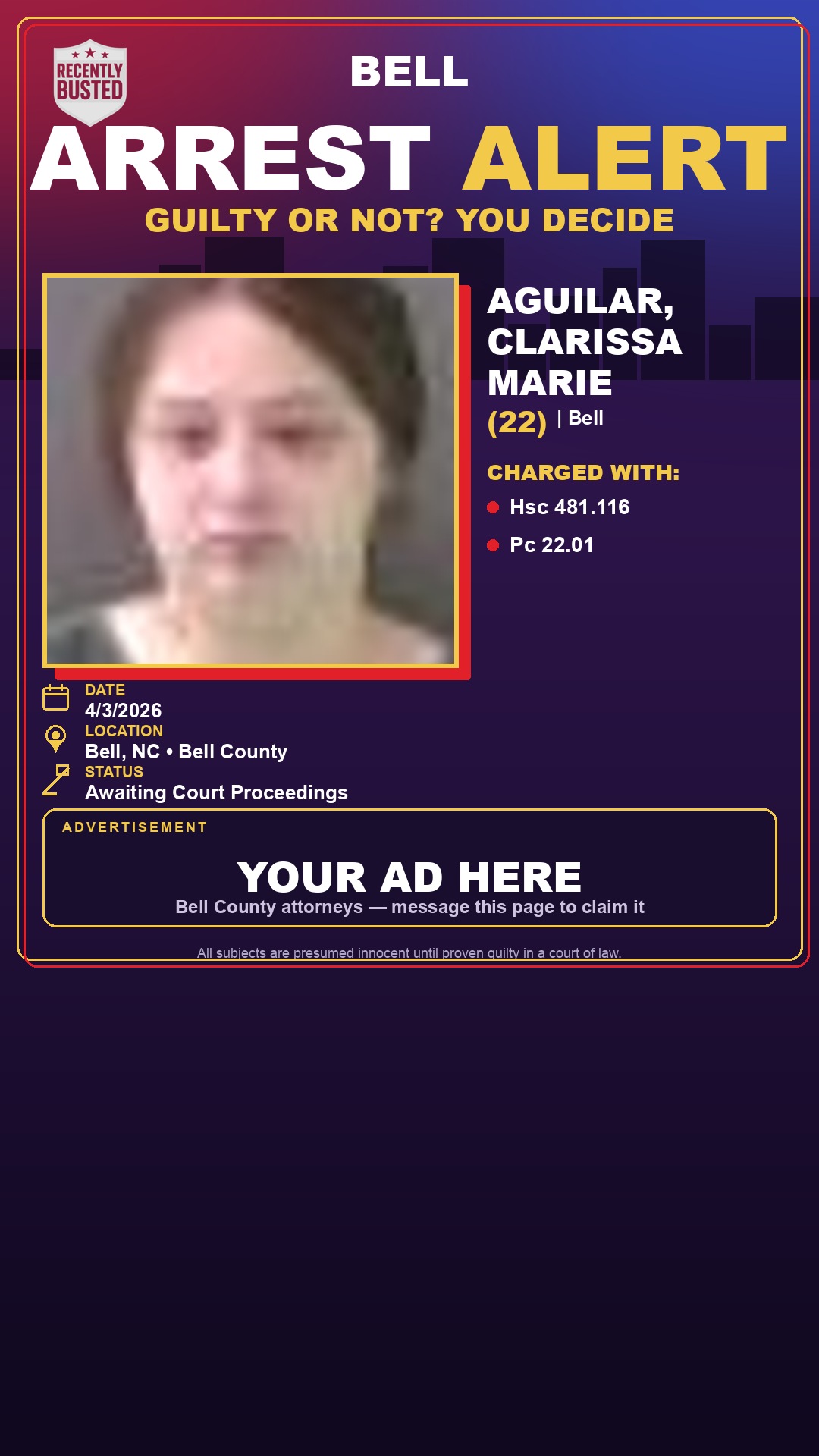 Arrest report - AGUILAR, CLARISSA MARIE