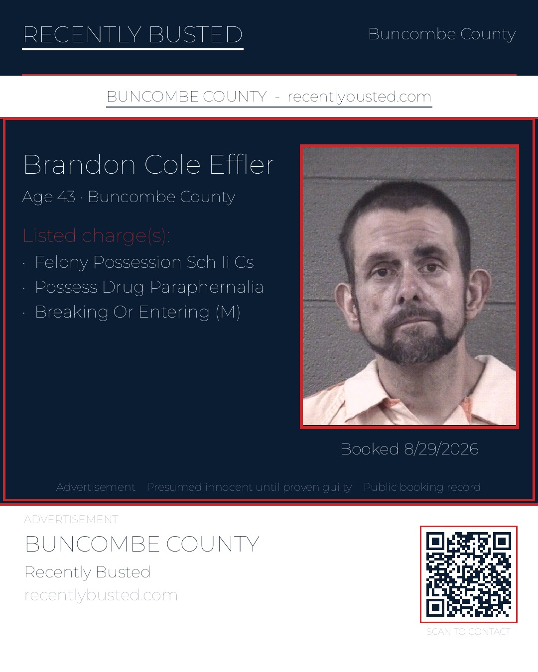 BRANDON COLE EFFLER — arrest record card, Buncombe County, North Carolina