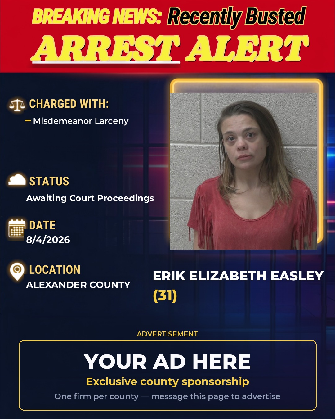 Arrest report - ERIK ELIZABETH EASLEY