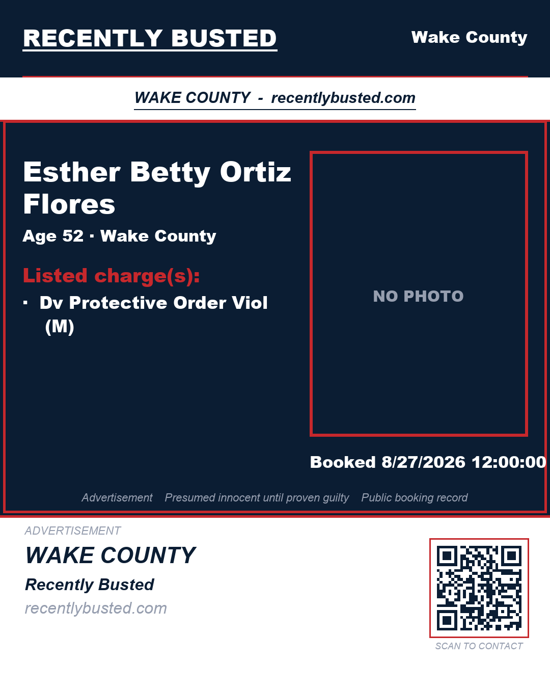 ESTHER BETTY ORTIZ FLORES — arrest record card, Wake County, North Carolina