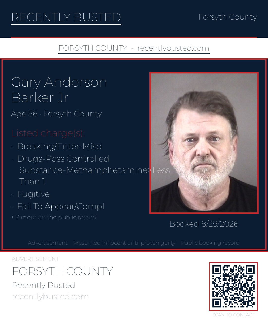GARY ANDERSON BARKER JR — arrest record card, Forsyth County, North Carolina