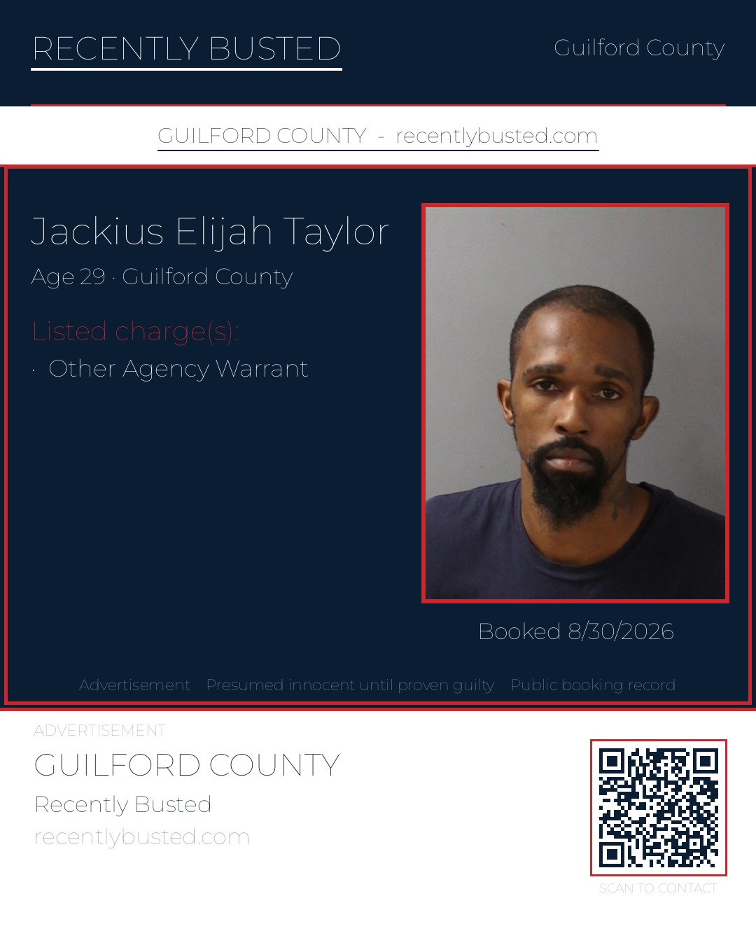 JACKIUS ELIJAH TAYLOR — arrest record card, Guilford County, North Carolina