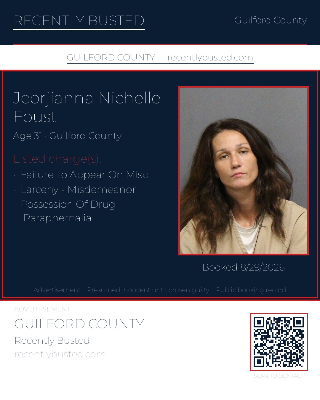 JEORJIANNA NICHELLE FOUST — arrest record card, Guilford County, North Carolina