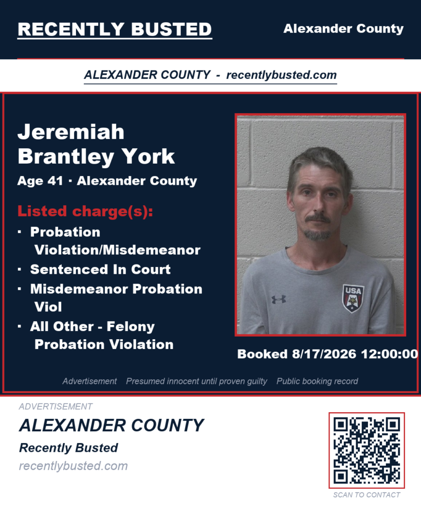 JEREMIAH BRANTLEY YORK — arrest record card, Alexander County, North Carolina