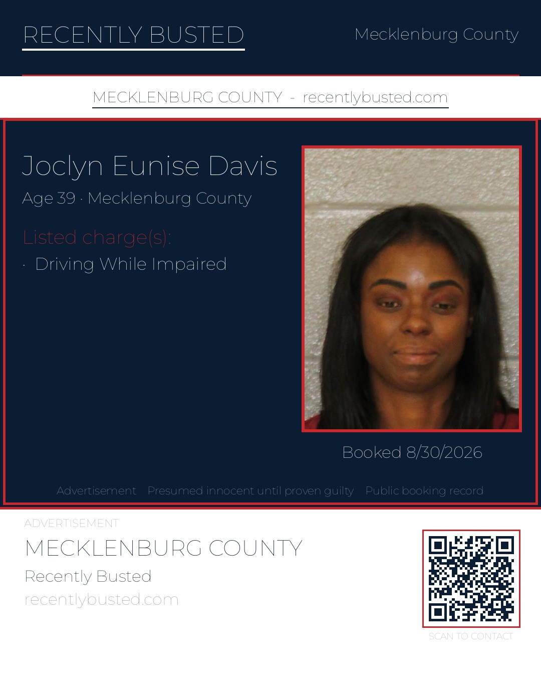 JOCLYN EUNISE DAVIS — arrest record card, Mecklenburg County, North Carolina