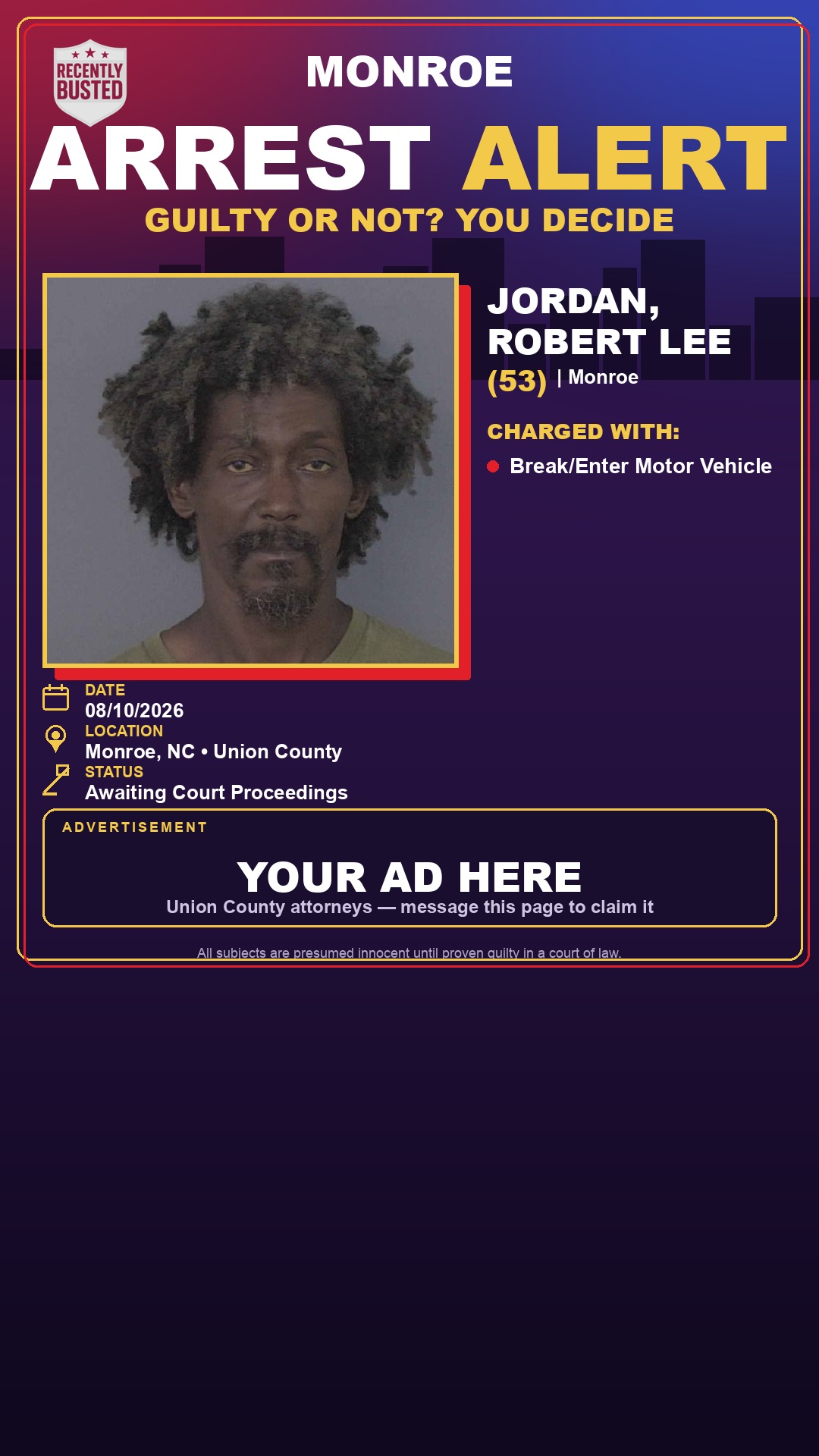 Arrest report - JORDAN, ROBERT LEE
