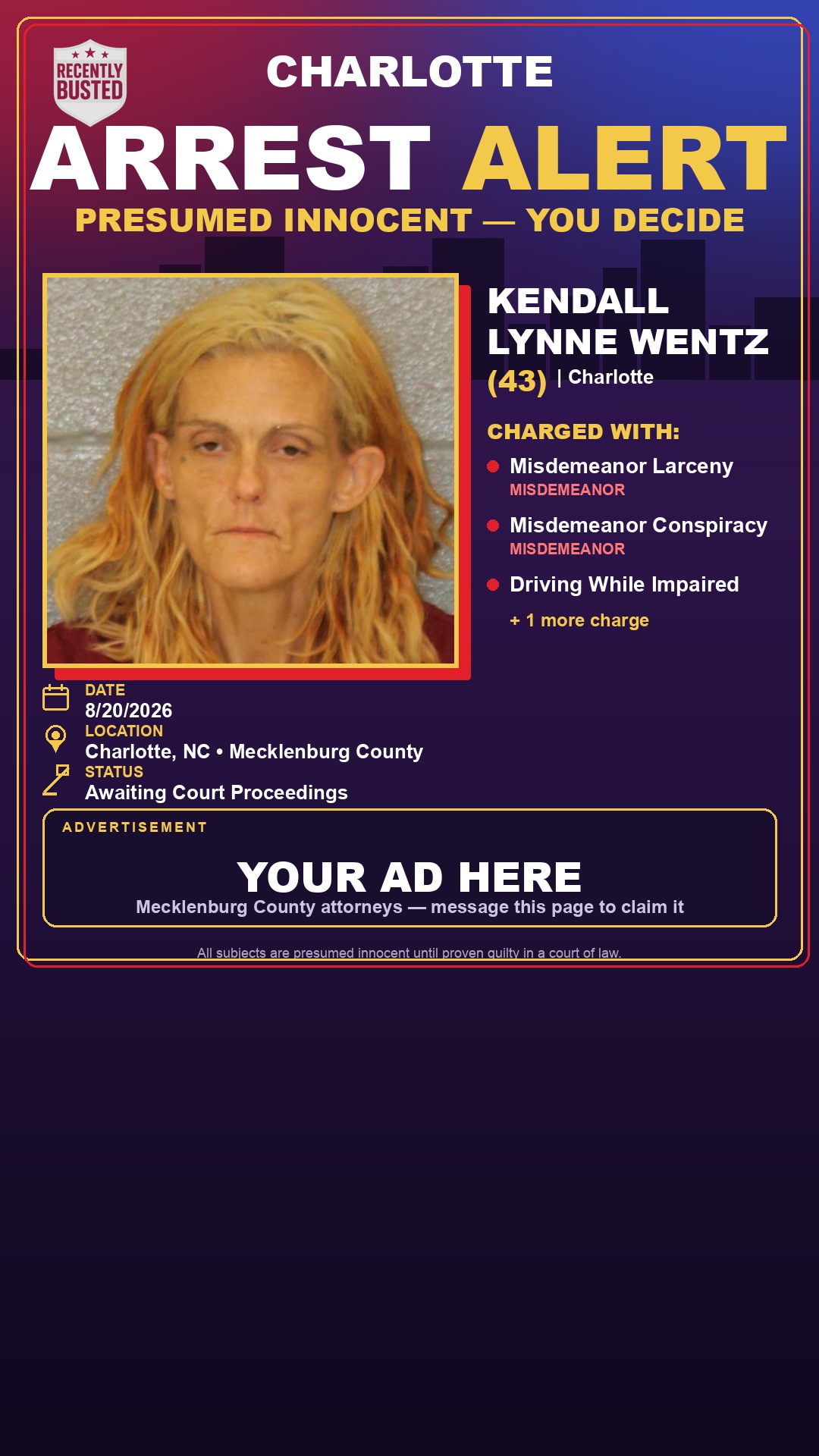 Arrest report - KENDALL LYNNE WENTZ