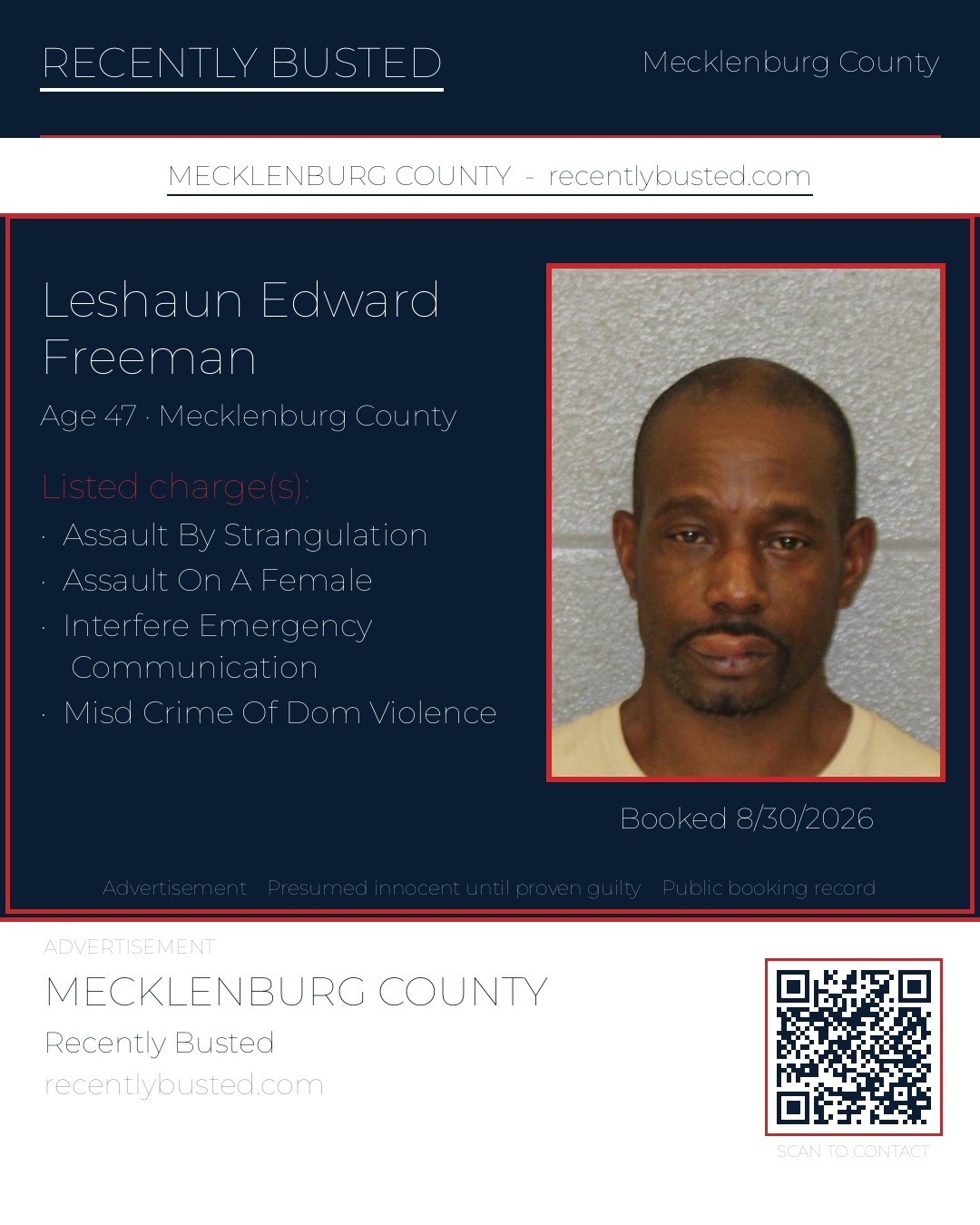 LESHAUN EDWARD FREEMAN — arrest record card, Mecklenburg County, North Carolina